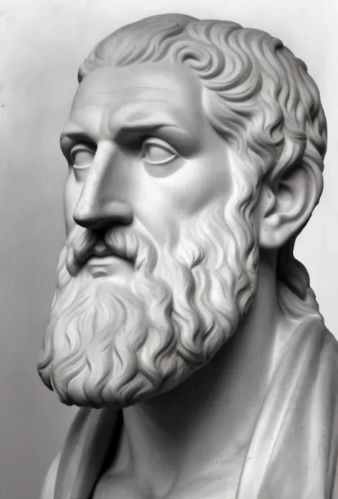 uma foto em preto e branco de um busto de um homem com barba, eStoic face, eStoic facial expression, Estoicismo, Retrato Zeus, theophanes, divino e estoico, stoic, estoico and calm, Stoic attitude, um antigo rosto barbudo masculino, inspired by Nicomachus ...