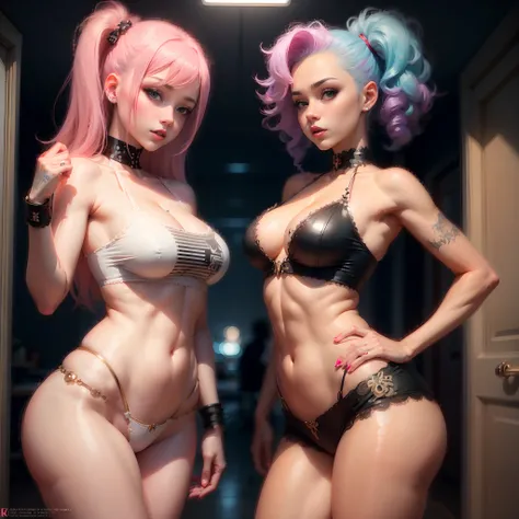 Two Slutty egirls in sexy pose, colored hair, internet entertainer, sultry, perky breasts, petite, young adult, pastel colors, punk rock, strong yet gentle, confident, sharp features, revealing clothes