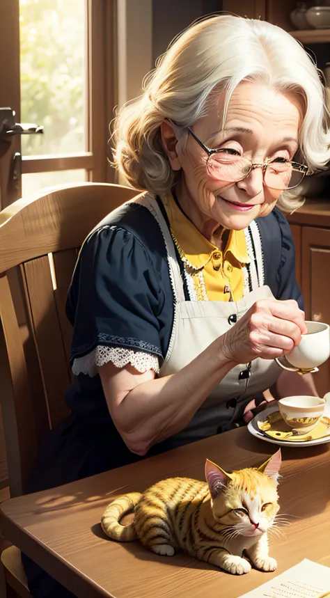 a smiling old lady with soft features and a yellow kitten sitting at the table, drinking tea