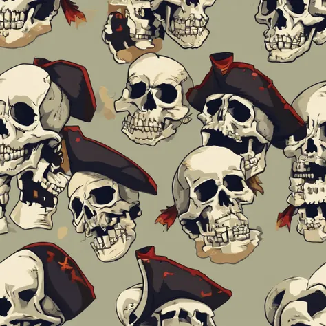 Create an image of pirate skulls for an NFT collection called Pirate Skulls, each picture must have different traits, treasury, weapon, hat, colar, face, etc.