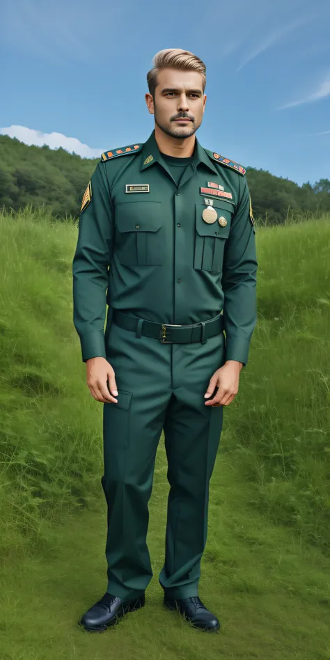 Man in green uniform , pants , Shoes with even numbers , Standing in the grass, Nature, woods, grass