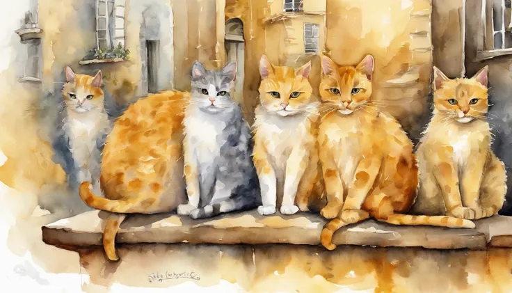 There are five yellow cats walking on the street of a beautiful city. Gatos fofos, gatos perfeitos.