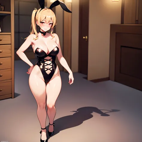 1 Anime girl, solo, anatomically correct, highly detailed illustration, detailed skin texture, blonde one side ponytail, freckles, beautiful red eyes, choker, large breasts, small waist, wide hips, wearing a sexy playboy bunny costume, playboy bunny ears, ...