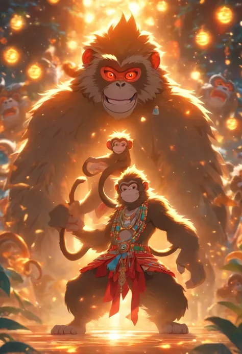 (((HUN BATZ))) best quality, ultra-high resolution, 4K detailed CG, masterpiece, monkeys, Mayan God, Mayan clothing, Mayan mythology, Mexico,moonlight, aesthetics, ((Monkey God)), beautiful image, centered on the screen