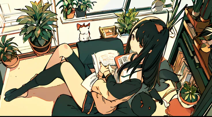 a girls, from above, plant, black hair, cat, lying, indoors, holding, long sleeves, long hair, stuffed toy, potted plant, book, food, window, phone, loaded interior, television, short hair, on back, stuffed animal, bangs, slippers, barefoot, sitting, books...