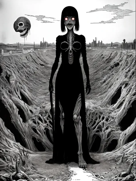 (Junji Ito:1.5), detailed black and white manga line art illustration of grotesque creepy girl, ((standing in street of warped surreal city)), ((warped surreal city in background)), ((full body shot)), dynamic pose, fractal art, scared, horrified, terrifie...