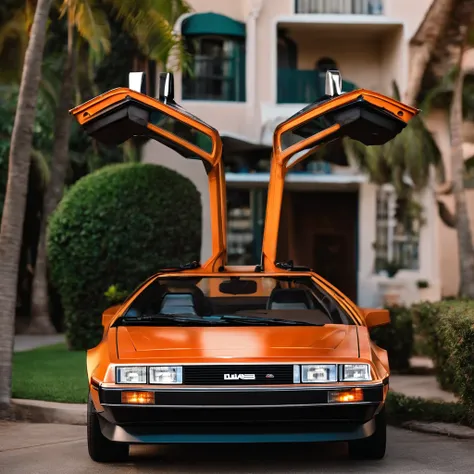 A retro sci-fi delorean car parked in the California neighborhood, no estilo hustlewave, 1980s, Post-Internet aesthetics, Onda de recife, Wet core, Transvanguardista, infantil