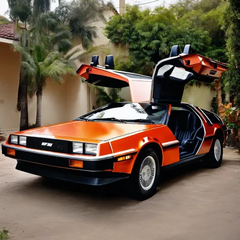 A retro sci-fi delorean car parked in the California neighborhood, no estilo hustlewave, 1980s, Post-Internet aesthetics, Onda de recife, Wet core, Transvanguardista, infantil