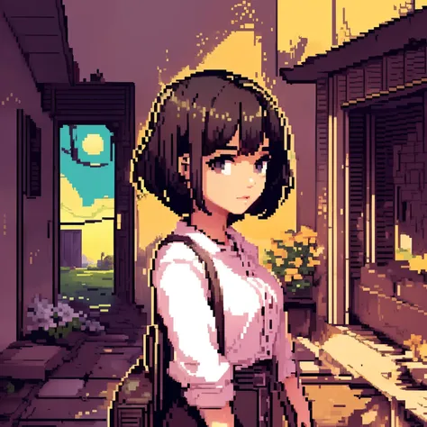 (best quality,4k,8k,highres,masterpiece:1.2),ultra-detailed,(realistic,photorealistic,photo-realistic:1.37),girl with short black hair,detailed black coat,holding a flower,standing in front of an abandoned house in pixel art style,with a sunset backdrop