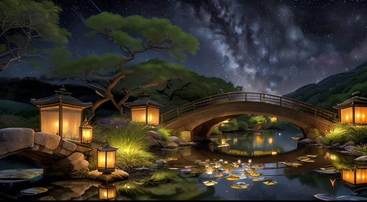 masterpiece, best quality, ultra-detailed, (Lily pond night, pond grass, Stone bridge with lanterns at night, white koi fish, midnight, beautiful night sky, starry night, galaxy, surreal scenery, 4k, 8k:1.2), shadows, contrast, clear sky, constellations, M...