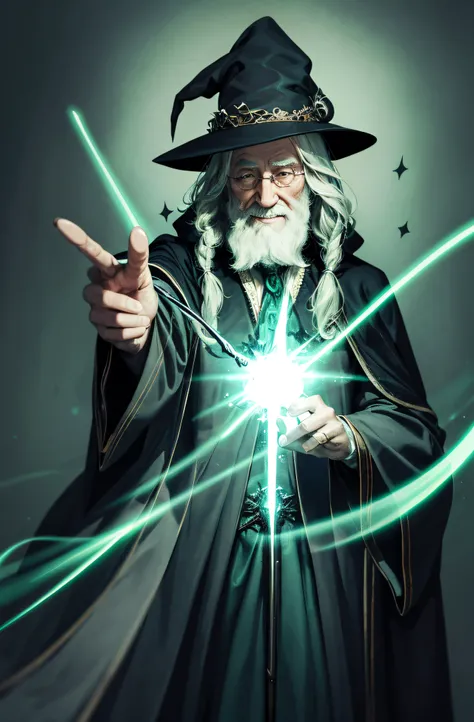 old Dumbledore wizard with smile is holding a magic wand and conjuring a dark robe on him and the light green magic on black background