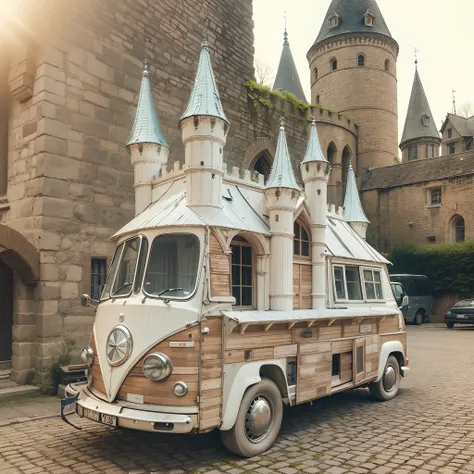 A camper van shaped like a castle