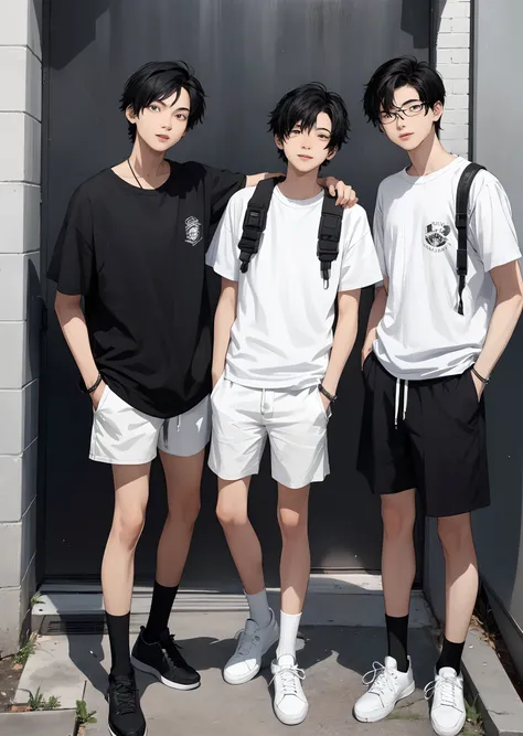 Three friends at the age of 18, college  boy, Two wear black and one in white, Black hair,