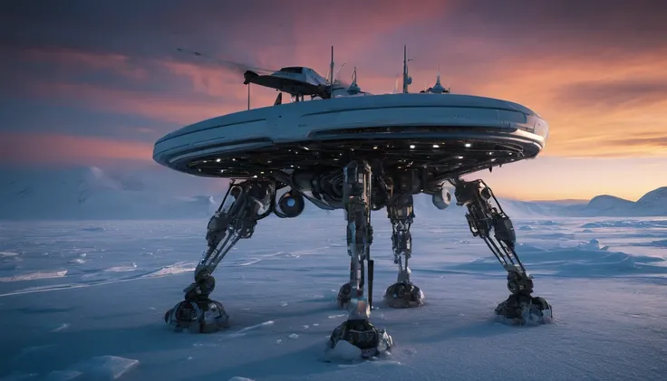 Craft an awe-inspiring photograph of extraterrestrial visitors disembarking from their spaceship on a remote Arctic ice field at sunset. Employ ethereal lighting and mood with a sci-fi cinematic approach, akin to the works of Weta Workshop.