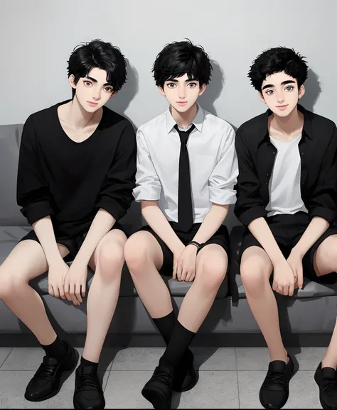 Three friends at the age of 18, college  boy, Two wear black and one in white, Black hair, no glass,