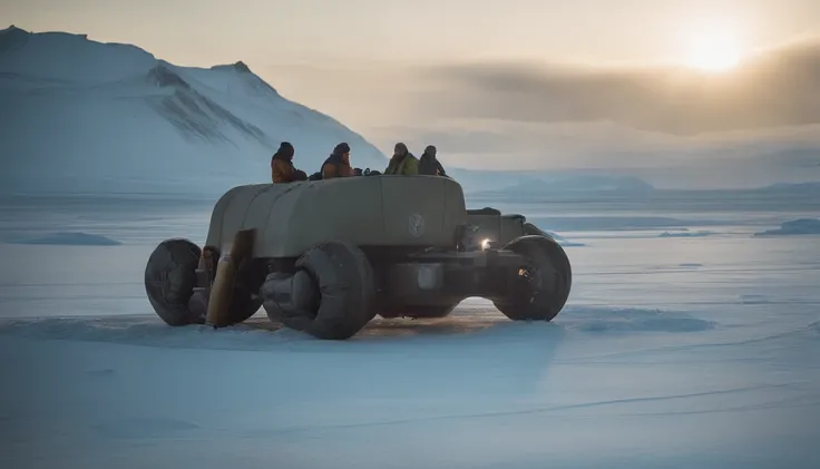 Craft an awe-inspiring photograph of extraterrestrial visitors disembarking from their spaceship on a remote Arctic ice field at sunset. Employ ethereal lighting and mood with a sci-fi cinematic approach, akin to the works of Weta Workshop.