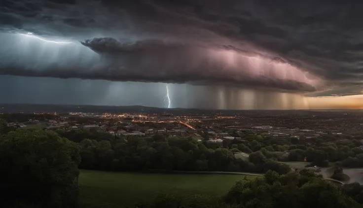 Generate a photo-realistic masterpiece capturing the arrival of an alien mothership during a thunderstorm over a metropolitan skyline at night. Utilize dynamic weather conditions, dramatic lighting, and mood, inspired by the photography style of Gregory Cr...