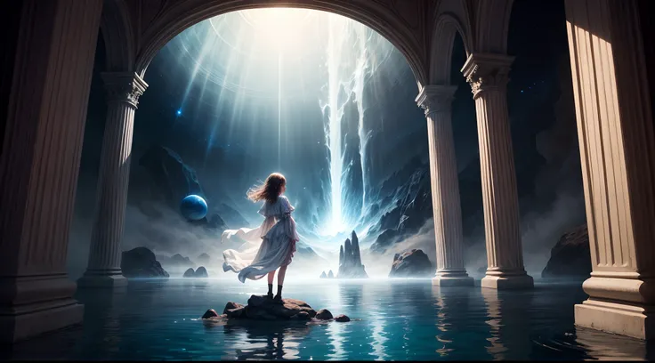 Painting: An enchanting artwork portraying a girl wearing silk, standing at the edge of a mystical pool, surrounded by swirling enchantments, with the distant planet casting an ethereal light upon her.