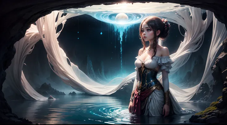 Painting: An enchanting artwork portraying a girl wearing silk, standing at the edge of a mystical pool, surrounded by swirling enchantments, with the distant planet casting an ethereal light upon her.