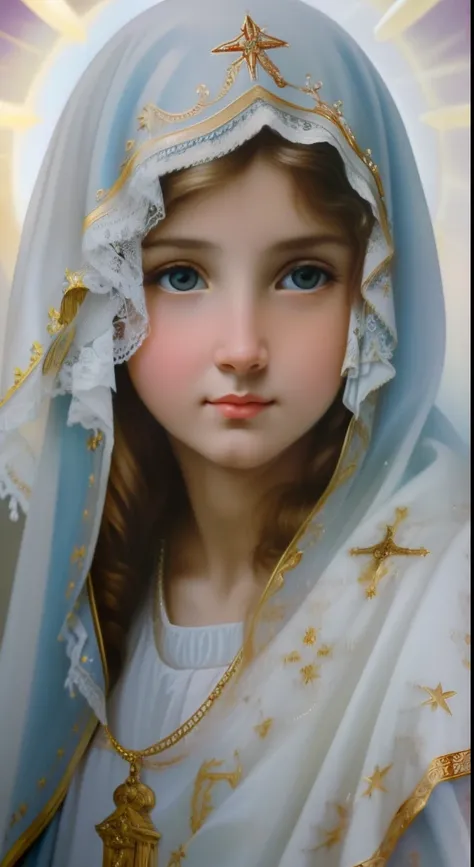 (((Blessed Virgin Mary of Mount Carmel))) Luminoso, en estilo similar al del artista WILLIAM ADOLPHE BOUGUEREAU, obra maestra, (La mejor calidad: 1.2), (super fine: 1.2), illustration, (extremadamente delicado y hermoso: 1.2), movie angle, flotante, (Hermo...