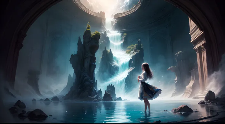 Painting: An enchanting artwork portraying a girl wearing silk, standing at the edge of a mystical pool, surrounded by swirling enchantments, with the distant planet casting an ethereal light upon her.