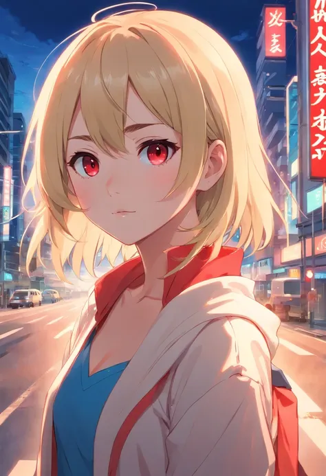 One anime girl, blonde hair, red eyes