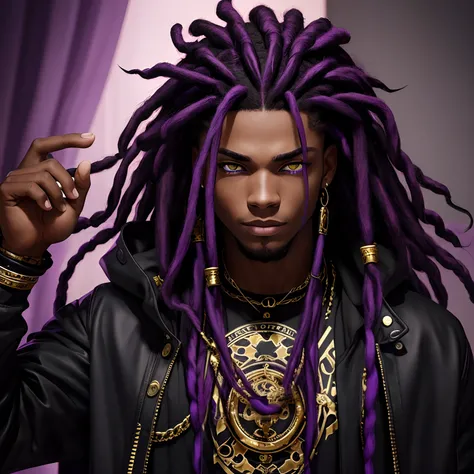 Black, 1boy, Purple hair, dreadlocks, powerful, Golden eyes