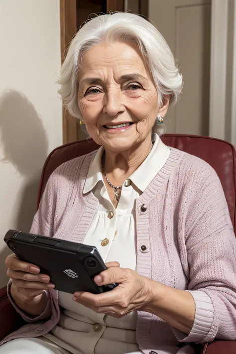 uma mulher velha, enrrugada, envelhecida, 80 anos,Expression on the face of pleasure and delight, engraçado CUTE OLD WOMAN, Sweet Old Lady holding a video game in her hands.