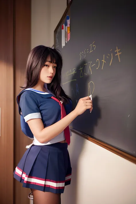 arafed asian girl in a sailor outfit writing on a blackboard, wearing japanese school uniform, japanese school uniform, japanese girl school uniform, in a classroom, a hyperrealistic schoolgirl, cute schoolgirl, as a strict school teacher ), wearing headmi...