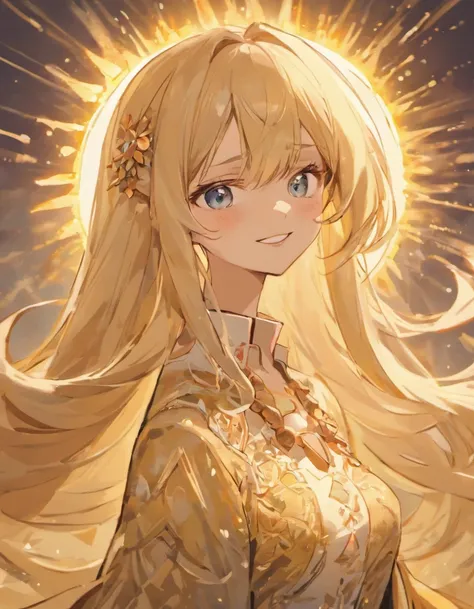 womans face, long blonde hair, smiling, sun is red, (digital painting, concept art, smooth, sharp focus, intricate details, close-up, masterpiece: 1.2)