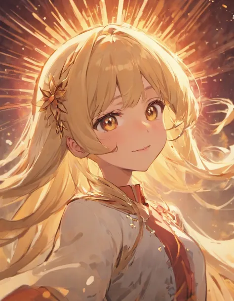 womans face, long blonde hair, smiling, sun is red, (digital painting, concept art, smooth, sharp focus, intricate details, close-up, masterpiece: 1.2)