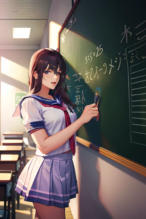 arafed asian girl in a sailor outfit writing on a blackboard, wearing japanese school uniform, japanese school uniform, japanese girl school uniform, in a classroom, a hyperrealistic schoolgirl, cute schoolgirl, as a strict school teacher ), wearing headmi...