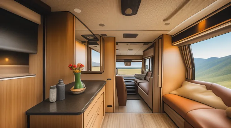 A picture showing the interior of a luxury motorhome, featuring plush leather seating, polished wooden accents, a fully equipped modern kitchen, and panoramic windows revealing a picturesque mountain landscape, evoking a sense of opulence and adventure, Ph...