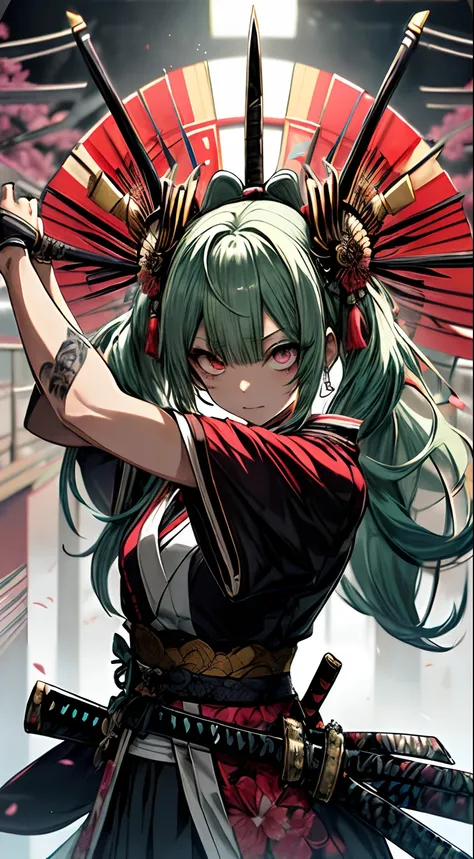 Japanese Katana Sword、Samurai sword、Full body、Japanese dress、Kimono Dresses、long、miku hatsune、Green hair、Twin-tailed、Ahegao ( Silly / Sexual ecstasy)、Cross-eyed、Stranger、View other people、Blunt bangs、 over-kneehighs,Ahegao , Silly,Sexual ecstasy,Drunken ey...