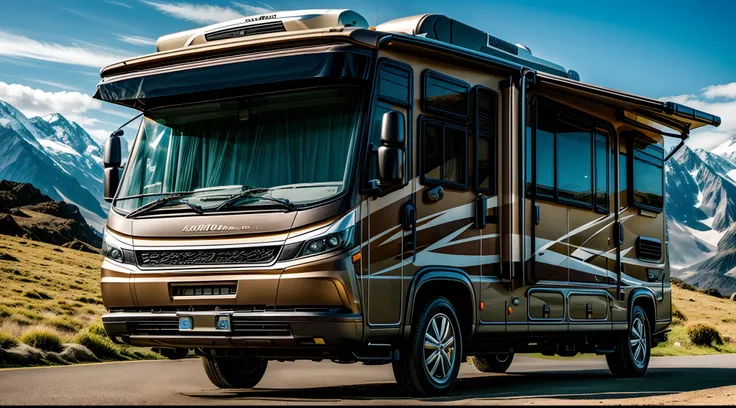 An image of a splendid motorhome seen from the outside, gleaming with opulence and extravagance, parked amidst a breathtaking natural landscape, a symbol of luxury living and the high life, Photography, high-resolution digital camera with a telephoto lens ...