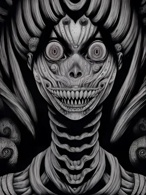 ((Junji Ito:1.5)), detailed black and white manga line art portrait illustration of beautiful grotesque girl), ((warped surreal city in background)), fractal art, scared, horrified, terrified, insane, creepy, unsettling, disturbing, body horror, (horror ma...