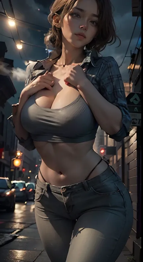 8k, masterpiece, photoralistic, a woman wearing tight shirt and grey pants, skinny fit body, wearing tight simple wide open v chest clothes, open out cleavage, large breast, slim abs, s-body figure, standing on brick street between high building, cityscape...