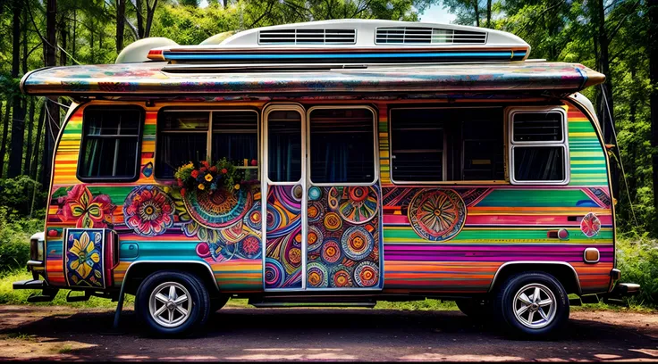 A view of an old and hippy motorhome from the outside, adorned with colorful flowers and painted in vibrant, retro patterns, parked in a bohemian-style campsite surrounded by like-minded free spirits, Illustration, digital art with a psychedelic and whimsi...