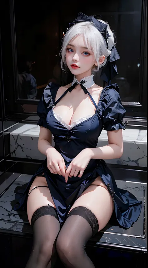 Beautiful girl with white hair and short cut blue eyes、Im dressed in goth loli maid clothes。That goth lolily maid costume is、Dark crimson dress with black lace and ribbon、Elegantly envelops her charming figure。Her white hair is hidden in a maids hat、Blue e...