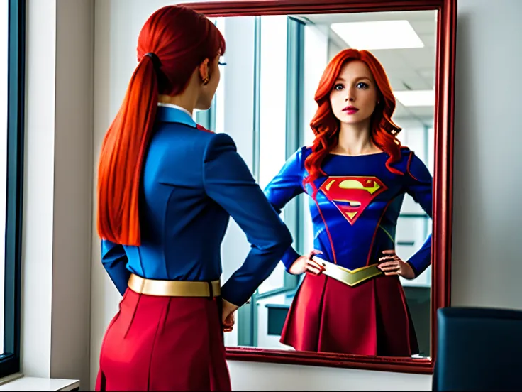 A red haired office worker looking into a mirror, her reflection is Supergirl