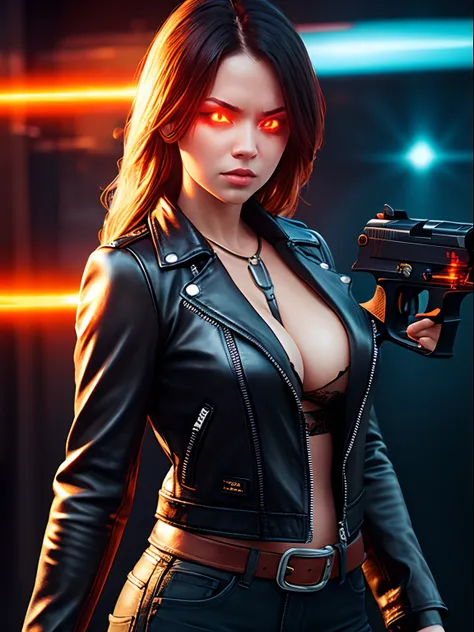 masterpiece, detailed, busty woman, female Terminator, leather Jacket, tight top, cleavage, glowing Red eye, gun, Apocalyptica Background, Cowboy Shot