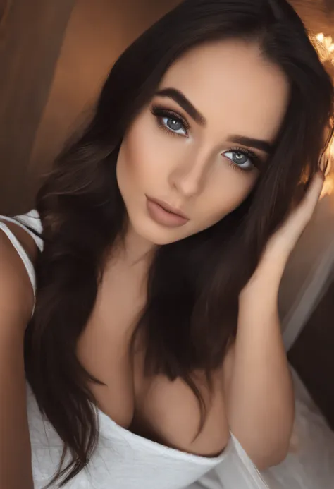 arafed woman with black sexy atractive  clothes, sexy girl with brown eyes, portrait sophie mudd, black hair and large eyes, selfie of a young woman, bedroom eyes, violet myers, without makeup, natural makeup, looking directly at the camera, face with artg...