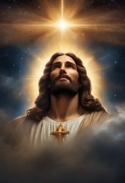 Jesus a cima de tudo e todos, in the heavens, with immensity of power, super realista, 4k