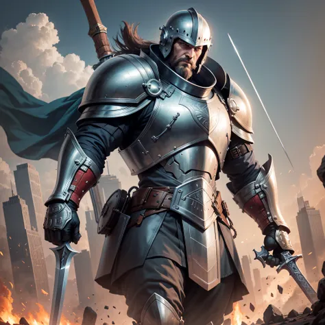 Giant man holding a shield in his left hand and a sword in his right hand with helmet and armor in a war scenario written Marketing Giants Attracts Ultra Realistic 4K