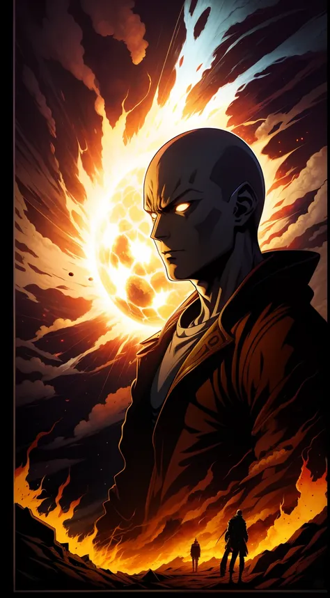 epic fantasy concept，a poster of the character Saitama from the One Punch Man anime for the film，Inside was a man in a yellow suit striking the viewers camera lens, the explosion from akira，Akira Estilo de Arte，American vector illustration，Um enorme OVNI, ...