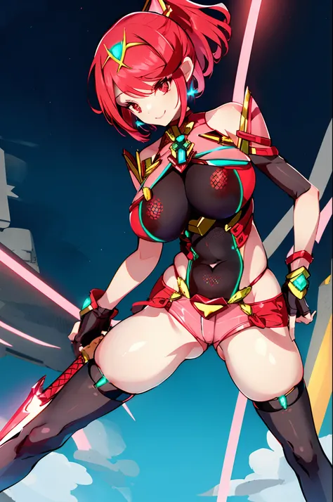 pyra (xenoblade), teen_1girl, loli, bangs, black gloves, breasts, red eyes, shout, earrings, eyelashes, fingerless gloves, floating hair, , gem, gloves, hair ornament, headpiece, jewelry, gigantic_breasts, leaning back, swimsuit, neon trim, official art, p...