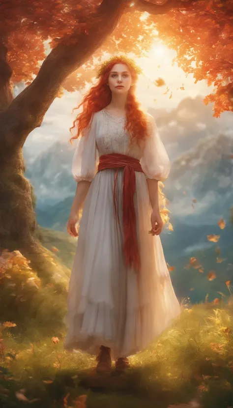 (best quality,4k,8k,highres,masterpiece:1.2),ultra-detailed,(realistic,photorealistic,photo-realistic:1.37),Movie stills,Cloud Girl,floating in sky,a closeup,with light glowing,Happiness,Warm and soft lighting,in woods,(Spark:0.7),Red hair,sorcerer