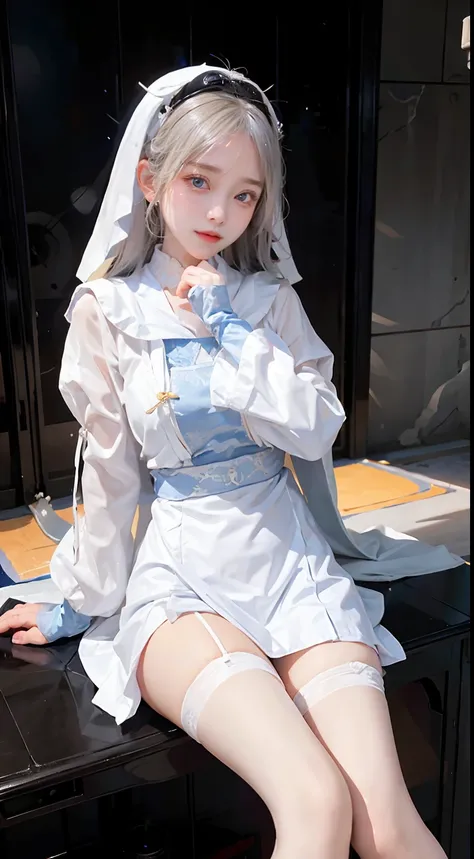 A beautiful girl dressed as a convent sister、While having a humble and modest atmosphere,、Its full of beauty。Her white hair is hidden in a hood、Blue eyes represent cleanliness and purity。Her dress is innocent white、Although it is a discreet design that wra...