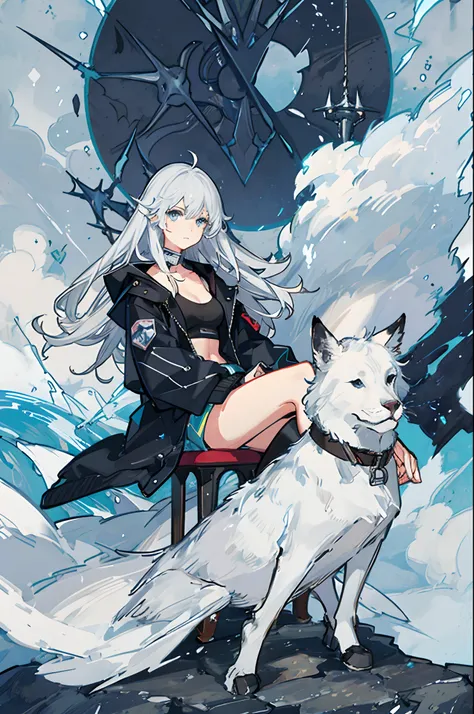 1girl, solo, silver hair, long hair, medium breasts, bright blue eyes, oversized jacket, balloon sleeves, cool long black jacket, V-neck, lightnings_magic, storm in background, (dimlighting), ((fog)), white crop-top under black jacket