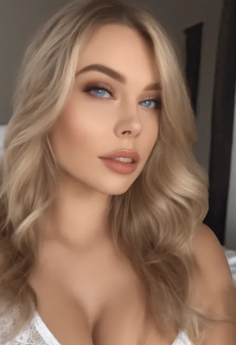 Arafed Full Woman, Sexy Girl with Blue Eyes, , Ultra Realistic, Meticulously Detailed, Portrait of Sophie Mudd, Blonde Hair and Big Eyes, Selfie of a Young Woman, Bedroom Eyes, Violet Myers, No Makeup, Natural Makeup, Looking Directly at the Camera, face a...